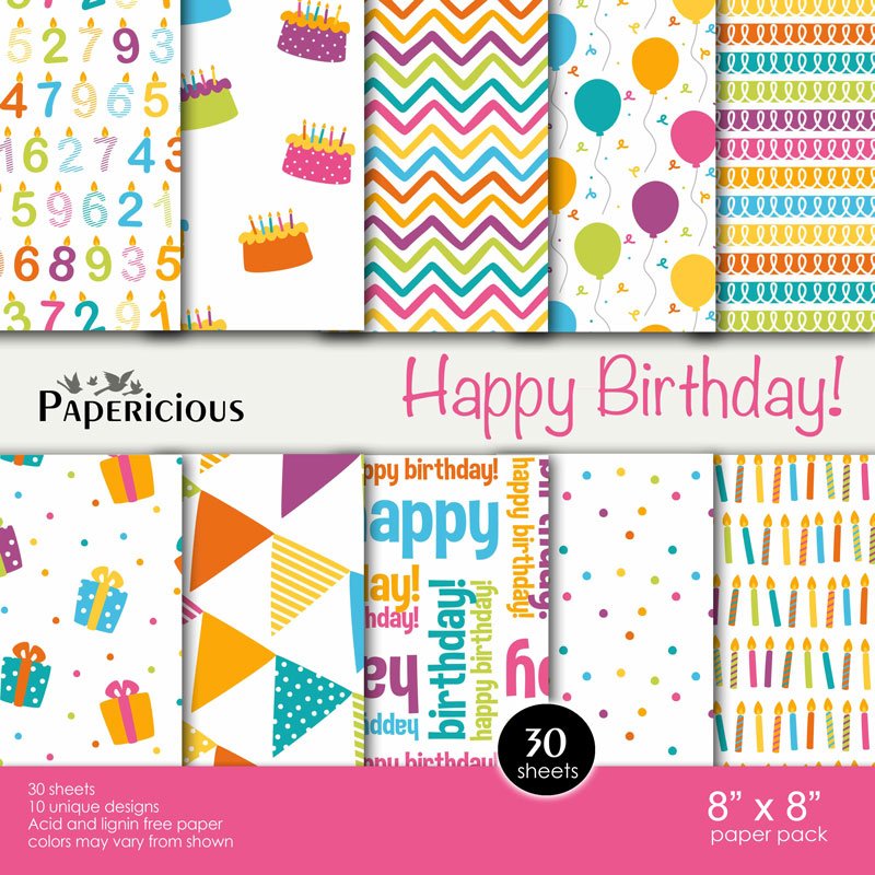 Papericious Designer Collection - Happy Birthday (8 by 8 patterned paper)