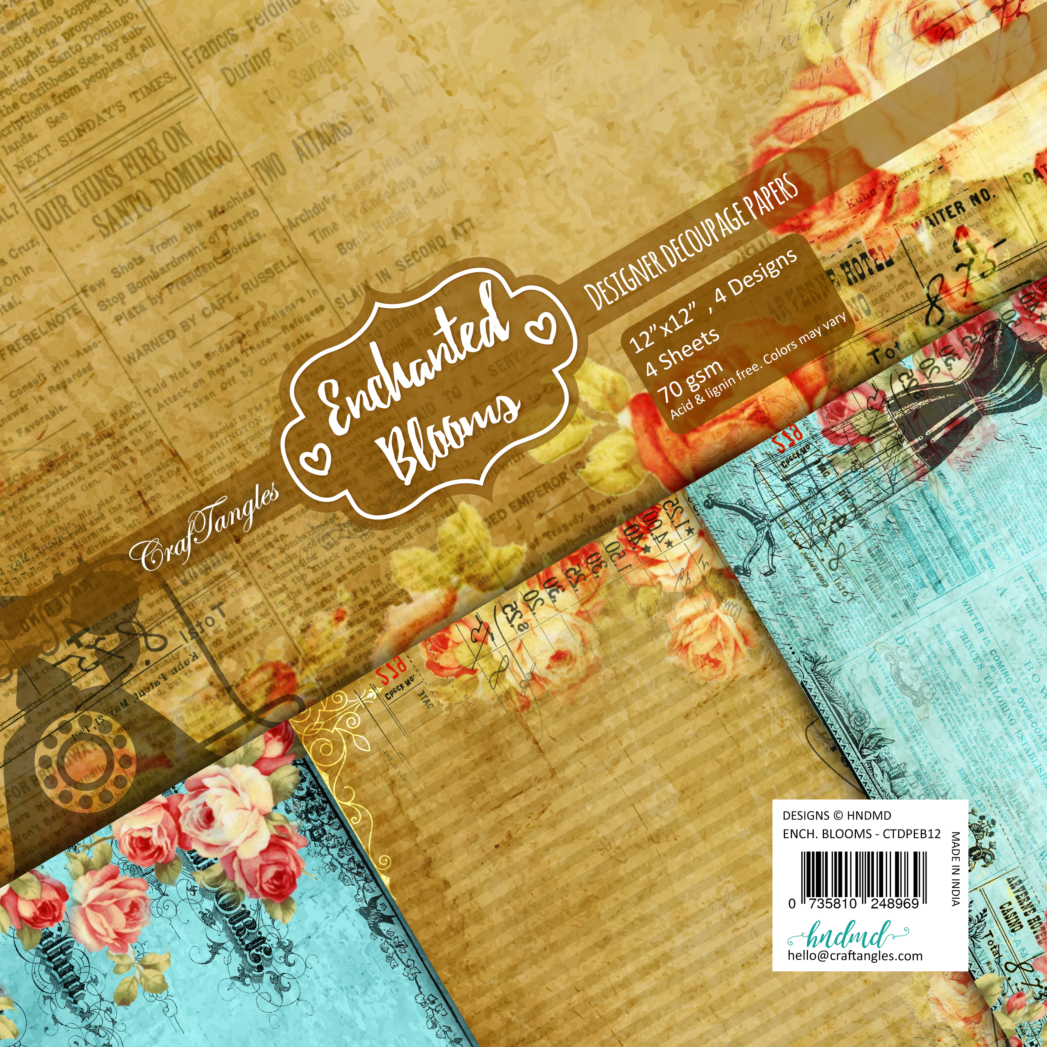 CrafTangles Decoupage Paper Pack - Enchanted Blooms (12 by 12 inch) - 4 sheets
