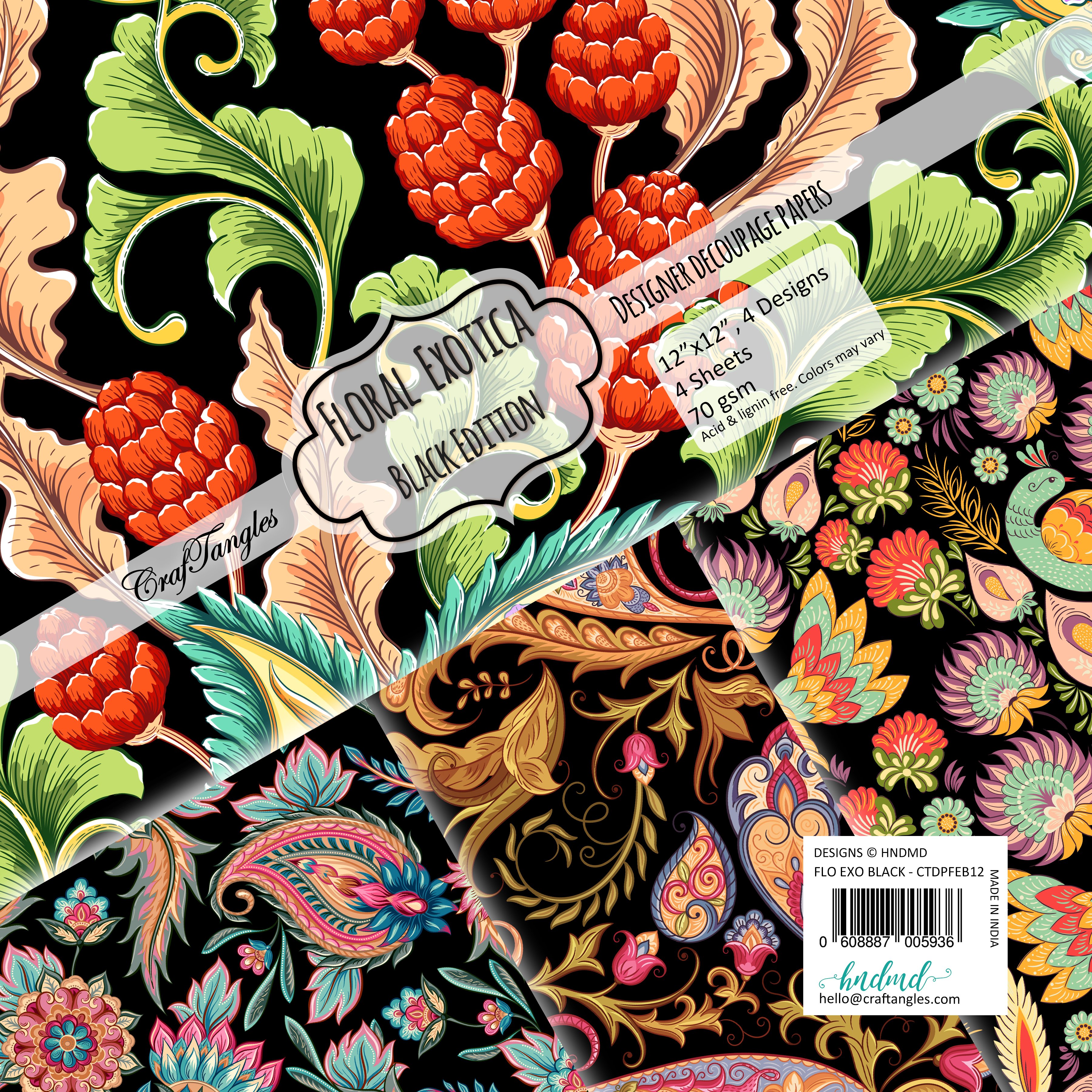 CrafTangles Decoupage Paper Pack - Floral Exotica Black Edition (12 by 12 inch) - 4 sheets