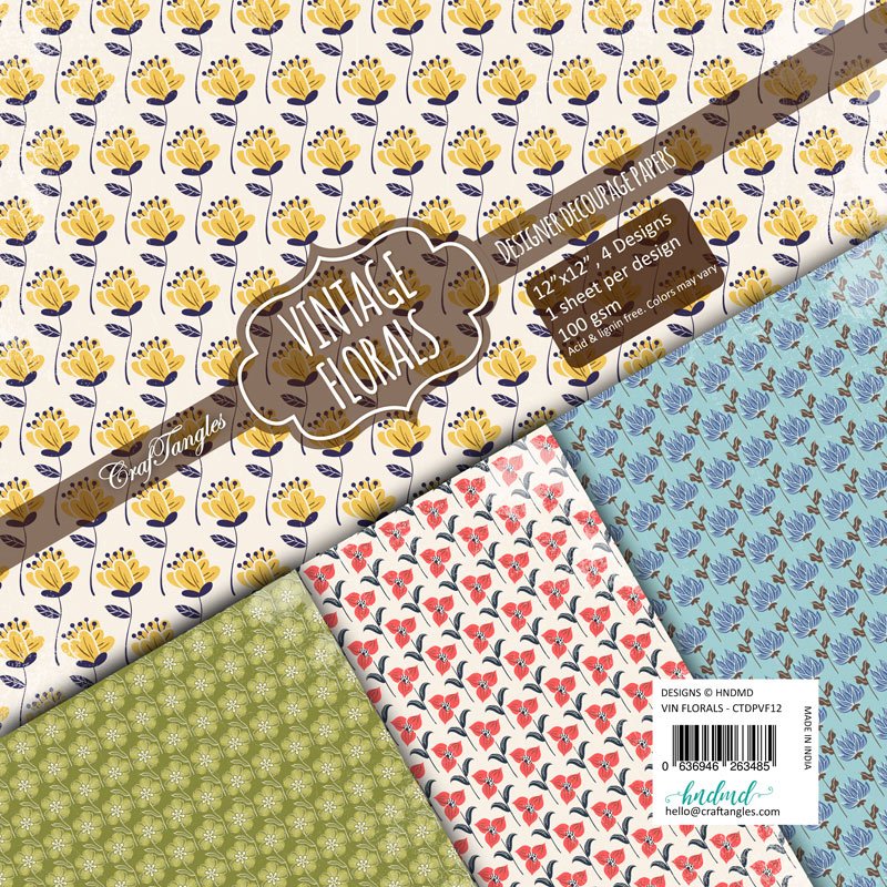 CrafTangles Decoupage Paper Pack - Vintage Florals (12 by 12 inch) - 4 sheets