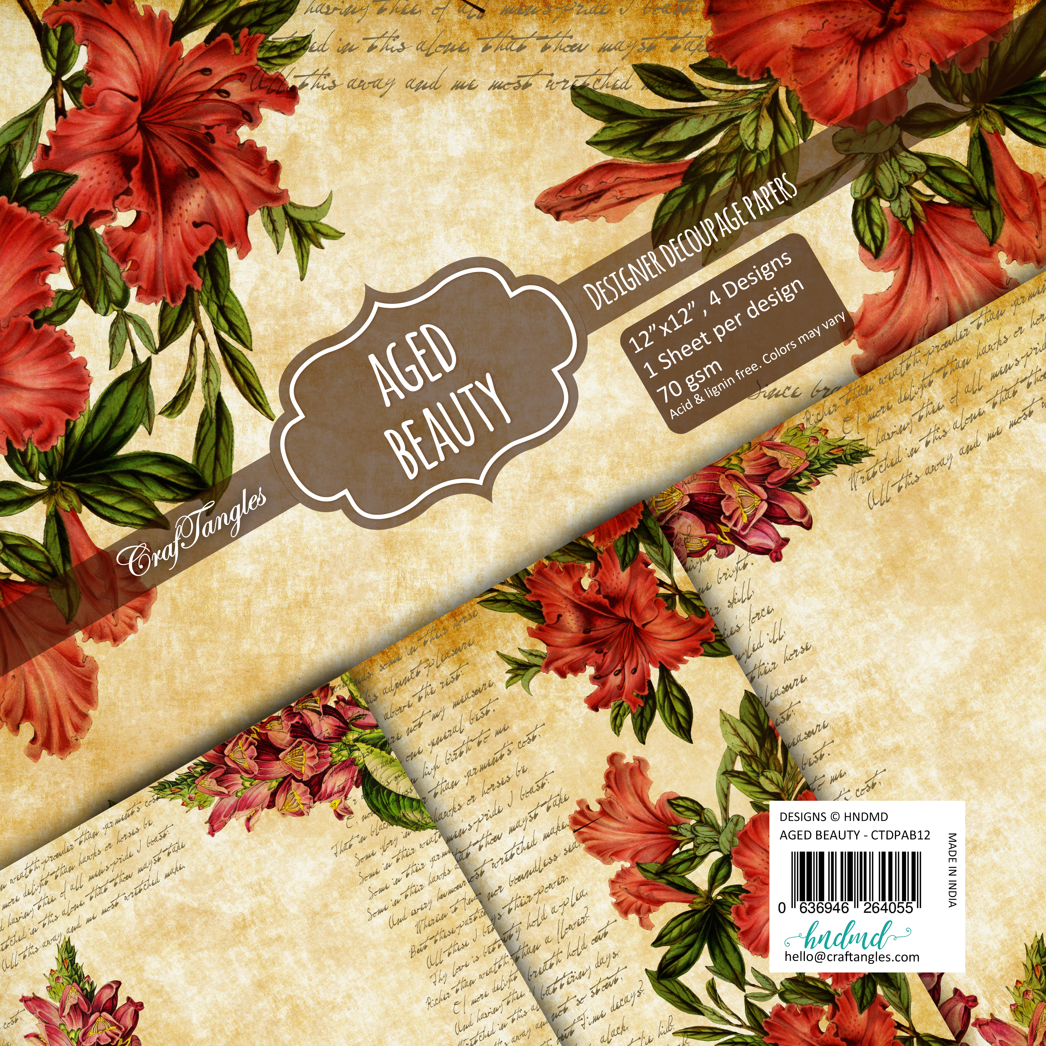 CrafTangles Decoupage Paper Pack - Aged Beauty (12 by 12 inch) - 4 sheets
