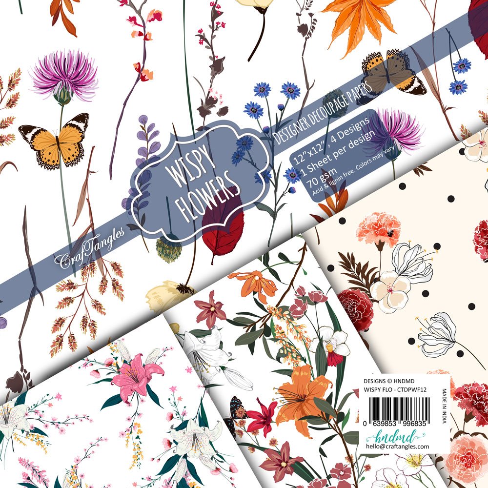 CrafTangles Decoupage Paper Pack - Wispy Flowers (12 by 12 inch) - 4 sheets