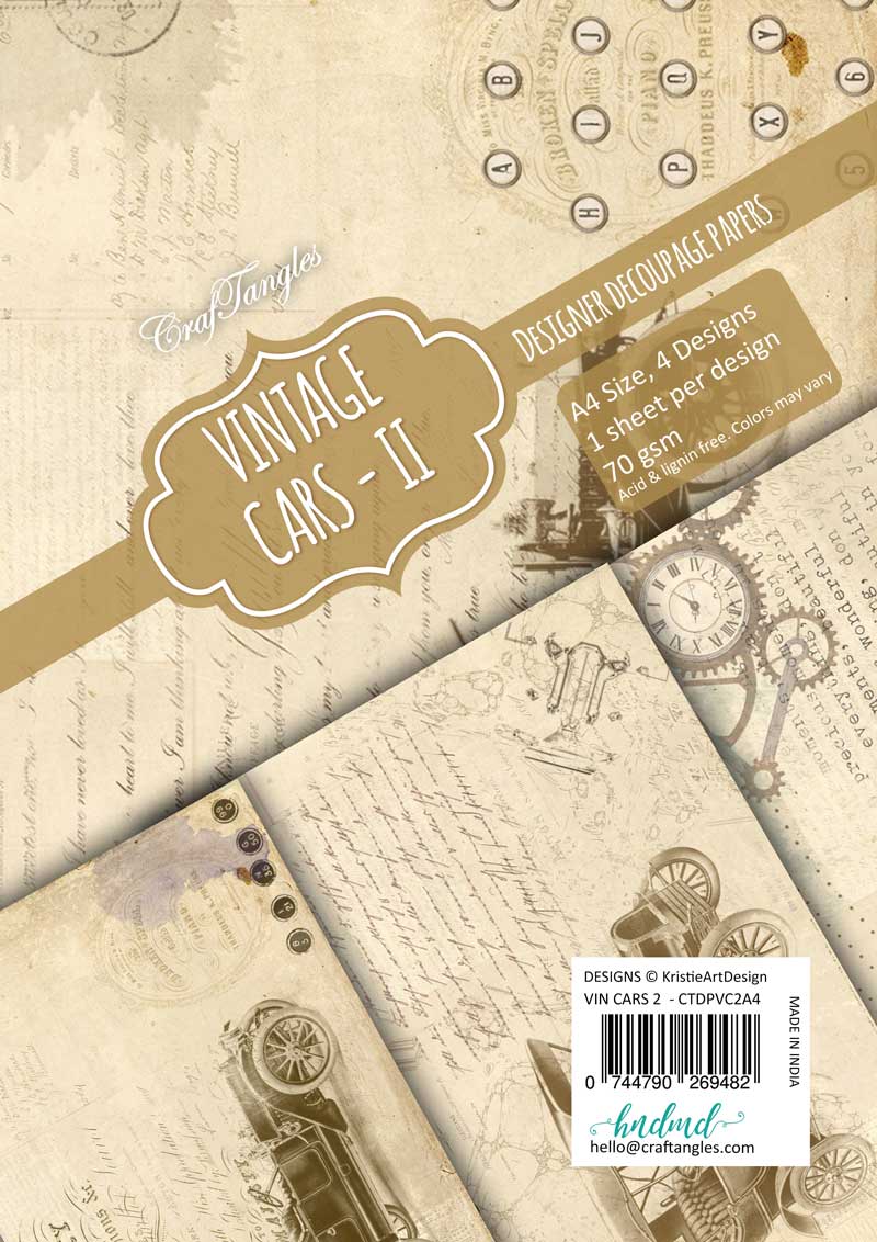 CrafTangles Decoupage Paper Pack - Vintage Cars 2 (A4) - 4 sheets