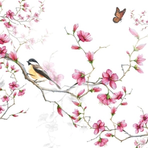 A pack of 12 by 12 inch German Decoupage Napkins (5 pcs) - Bird and Blossom White