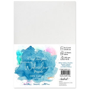 CrafTangles 100% cotton 300 gsm Smooth handmade Watercolor Paper (Cold Press) (Pack of 10) - 9 by 12 inches