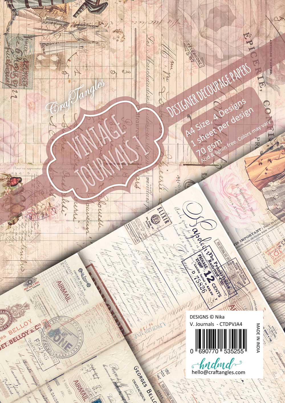CrafTangles Decoupage Paper Pack - Vintage Journals 1 (A4) - 4 sheets