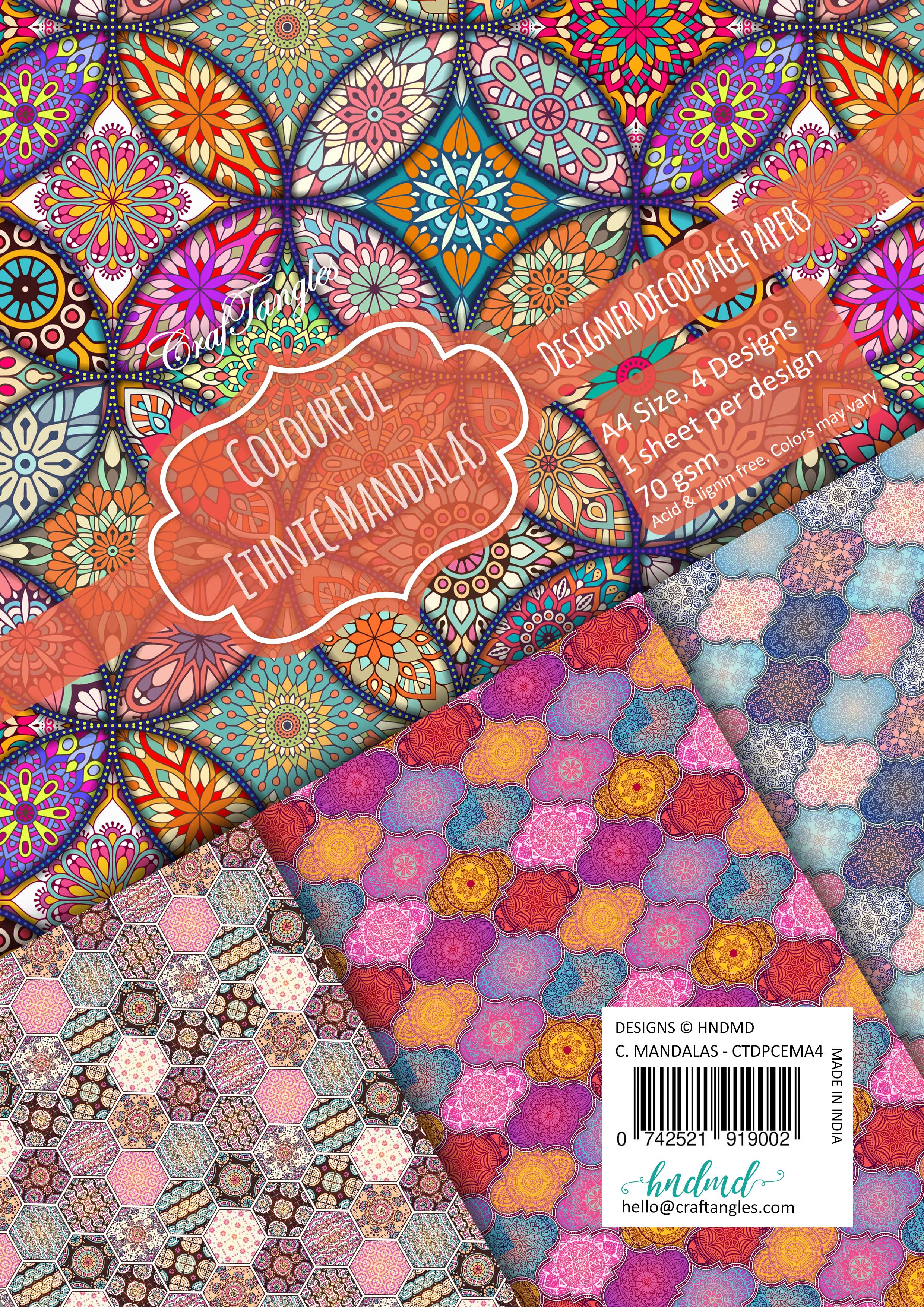 CrafTangles Decoupage Paper Pack - Colourful Ethnic Mandalas (A4) - 4 sheets
