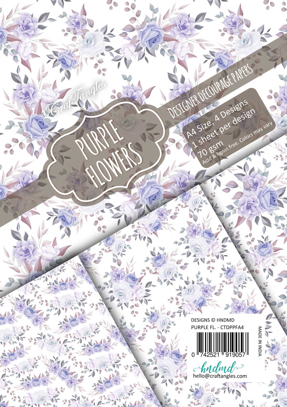 CrafTangles Decoupage Paper Pack - Purple Flowers (A4) - 4 sheets