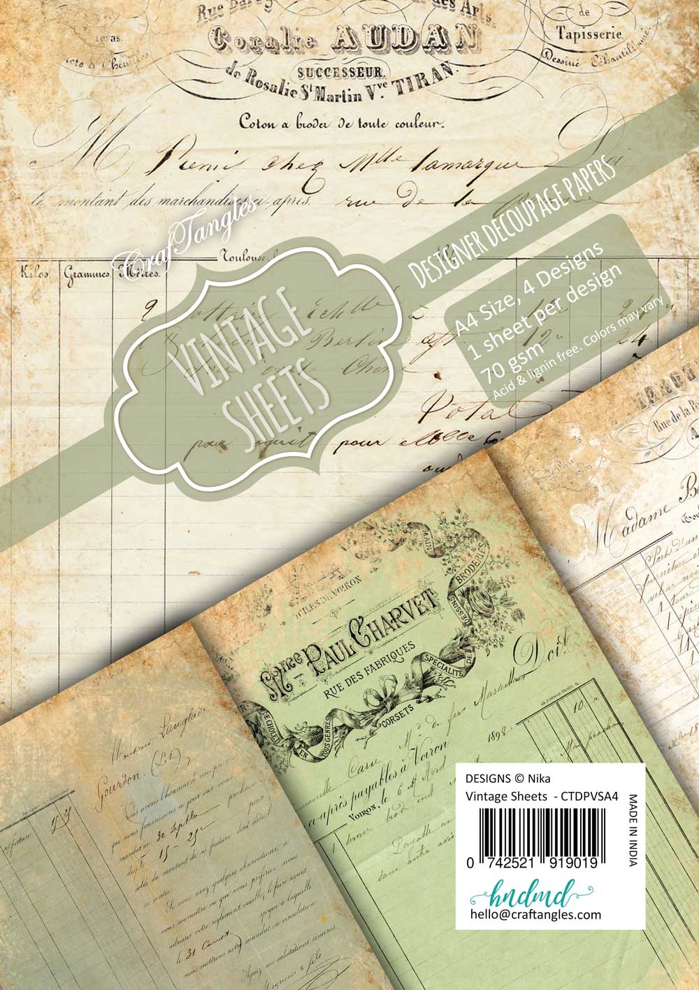CrafTangles Decoupage Paper Pack - Vintage Sheets (A4) - 4 sheets