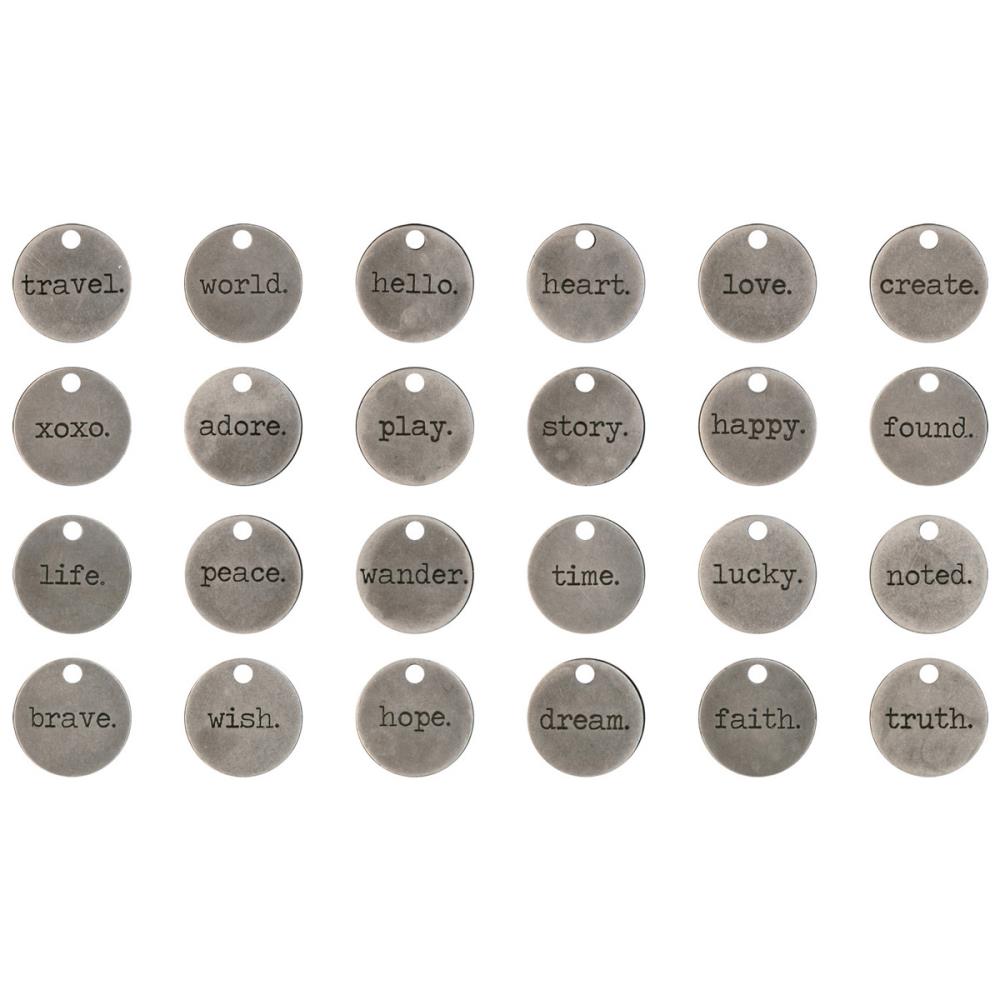 Idea-Ology Metal Typed Tokens 24/Pkg - Antique Nickel Words .75"