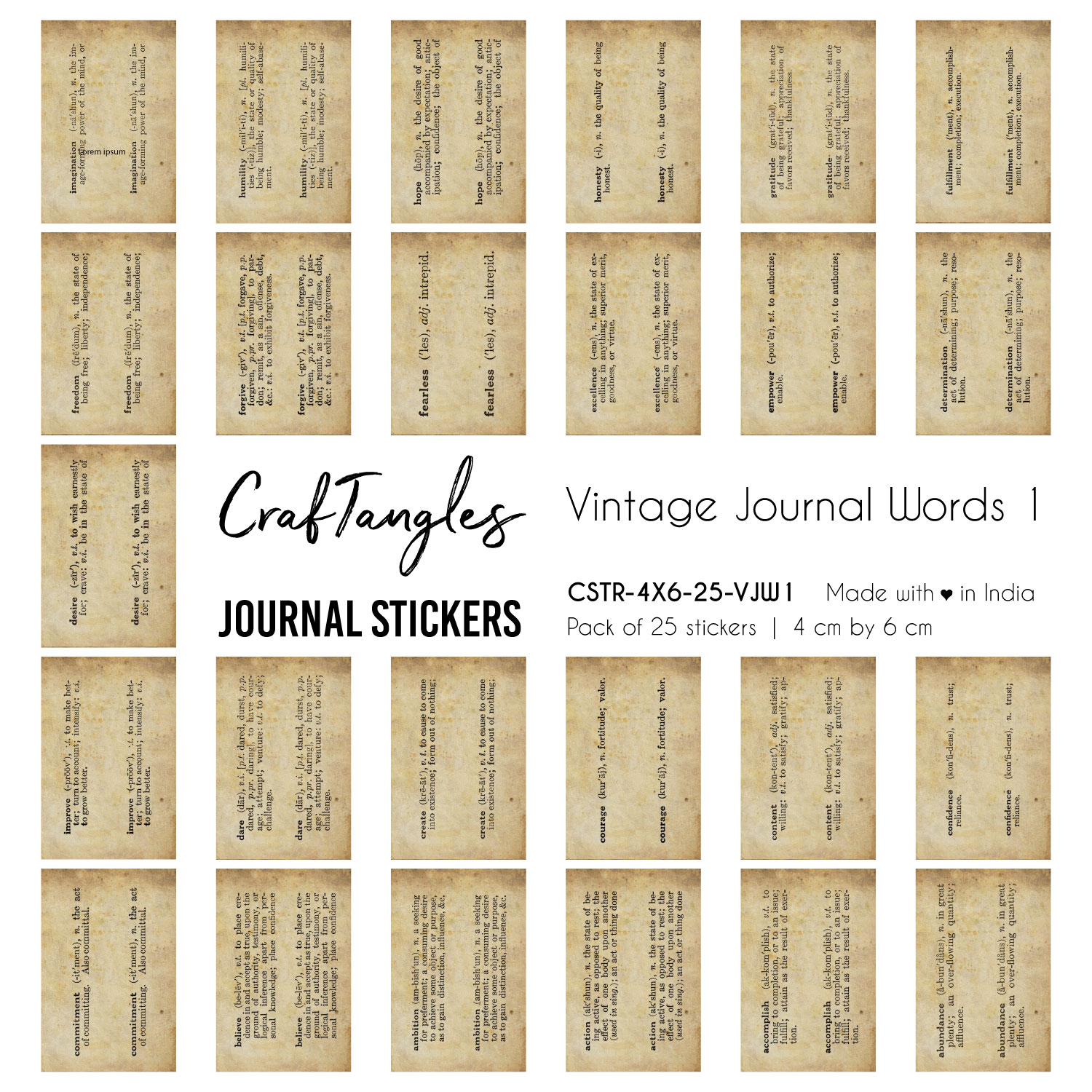 CrafTangles Journal Stickers 4 by 6 cm (Pack of 25 designs) - Vintage Journal words 1