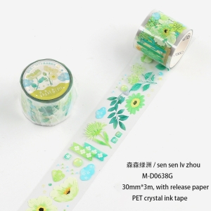 Clear PET Sticker Roll - Green Flowers (30mm by 3 metres)