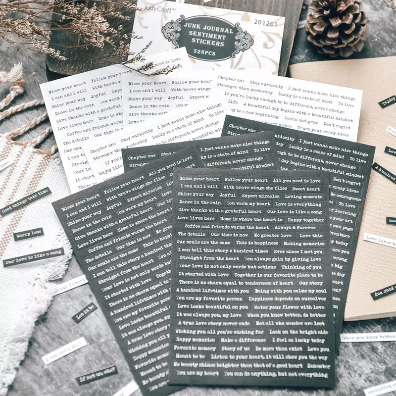 Junk Journal Sentiment Stickers (Black and White) - 528 sentiments