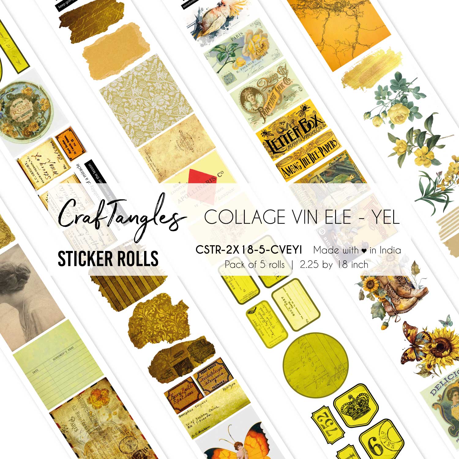 CrafTangles Journal Sticker Rolls (Pack of 5 designs) - Collage Vintage Elements - Yellow